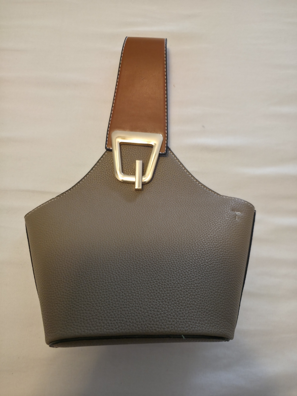 Structured Taupe Leather Shoulder Bag with Tan Strap